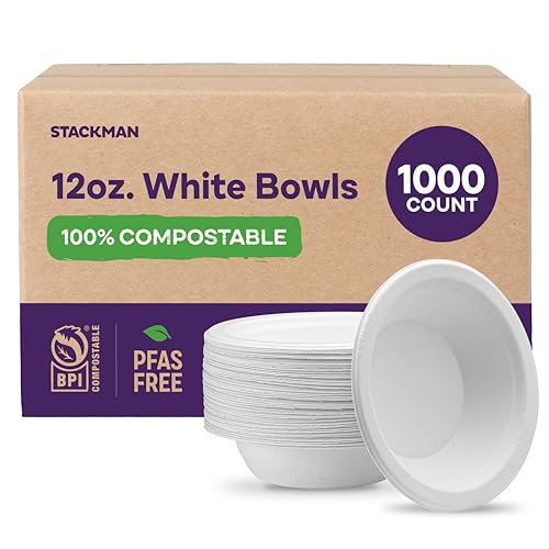 100% Compostable Paper Bowls 12 oz. [1000 Count] Heavy-Duty Soup Bowls - Natural White Color Unbleached Bagasse Bowls - Eco-Friendly Disposable Biodegradable Sugarcane - [Bulk Case 8/125 Pack]